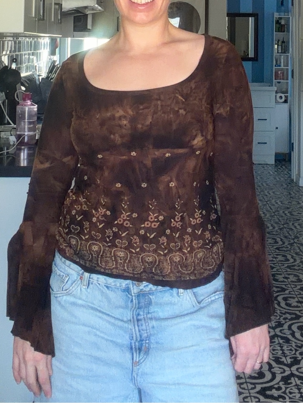 Y2K Brown Floral Embroidered Bell Sleeve Long Sleeve Top - Picture 9 of 14